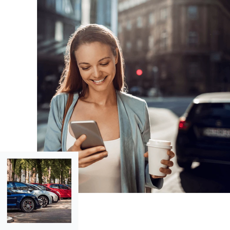 Woman using the YourParkingSpace App while holding a coffee and a small image with cars in the corner