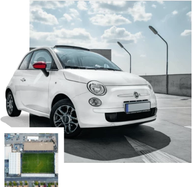 Parked car and a small image of a stadium in the corner