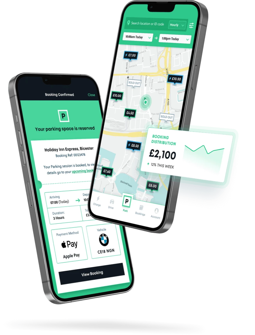 Two phones using the YourParkingSpace App, pre-booking parking spaces
