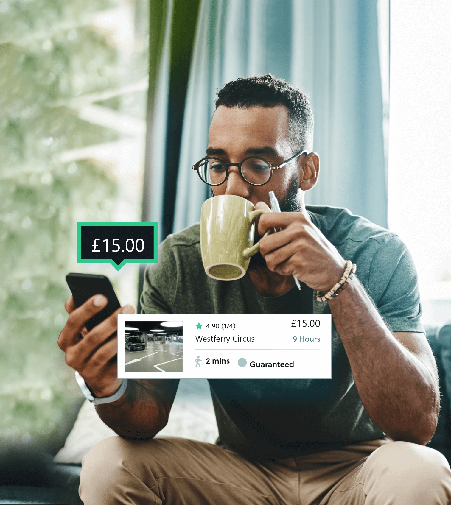 Man Drinking coffee and using the Pre-Book System