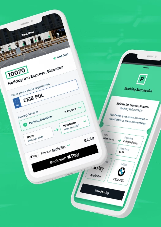 Two phones using the Pre-book system and Cashless Payments on the YourParkingSpace App